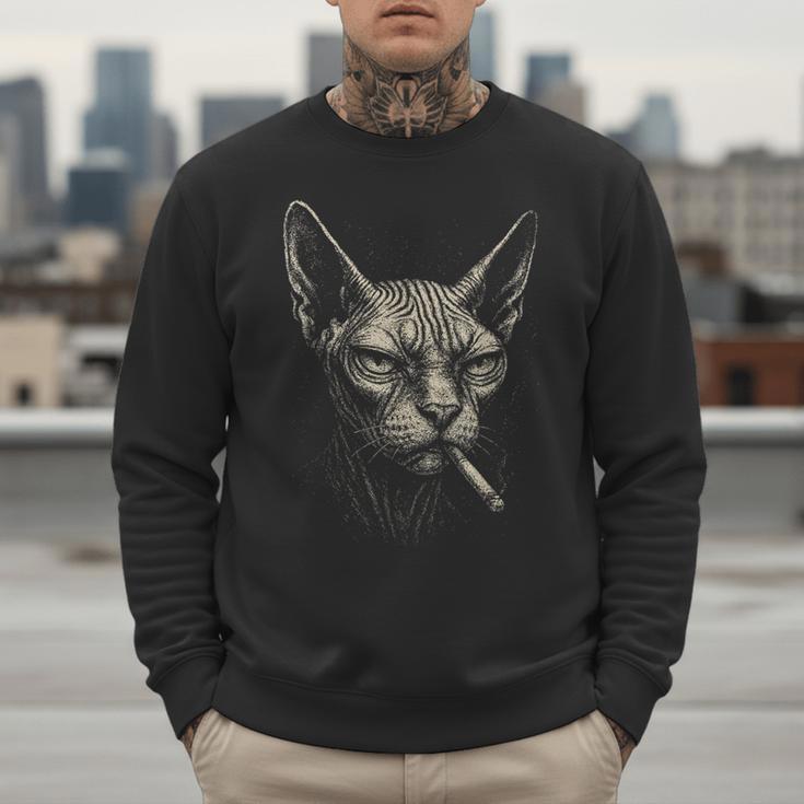 Cigarette Smoking Sphynx Cat Meme Stupid For Dad Men Sweatshirt