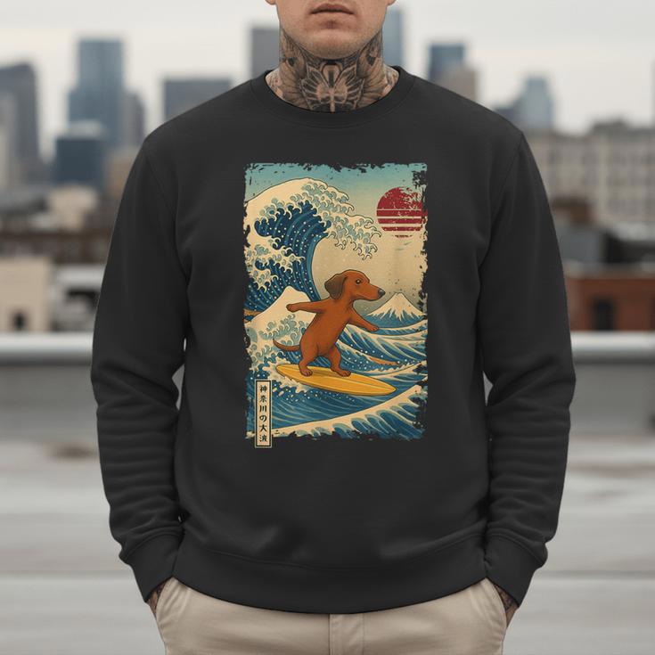 Dachshund Doxie Japanese Kanagawa Wave Surfing Japan Mom Dad Men Sweatshirt