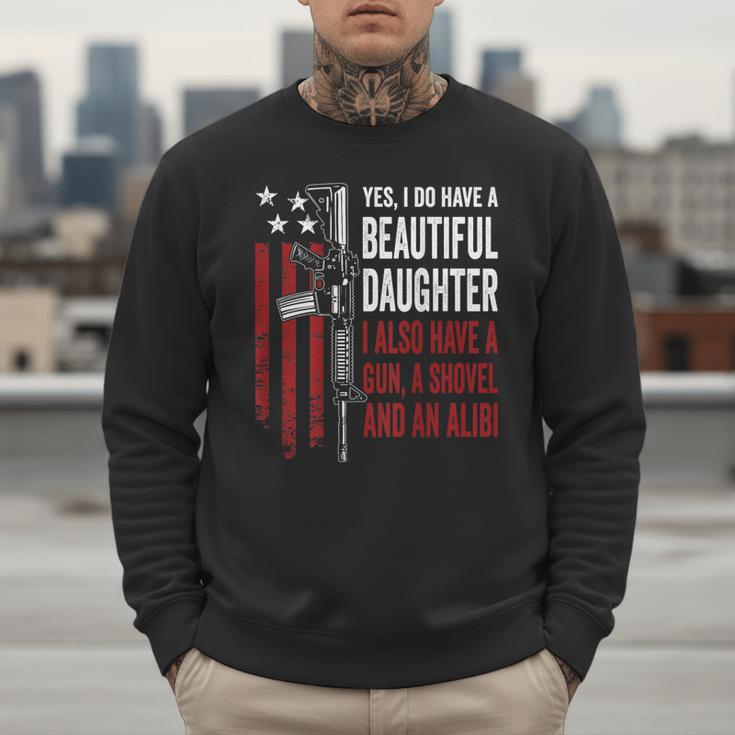 Daughter Gun Shovel Alibi Mom Dad Guns Joke -ON Back Men Sweatshirt Daughter Gun Shovel Alibi Mom Dad Guns Joke -ON Back Men Sweatshirt