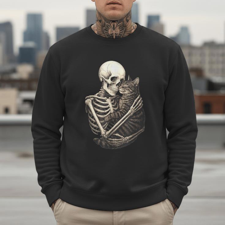 Skeleton Hugging Cat Halloween Cat Lover Cat Mom Dad Men Sweatshirt