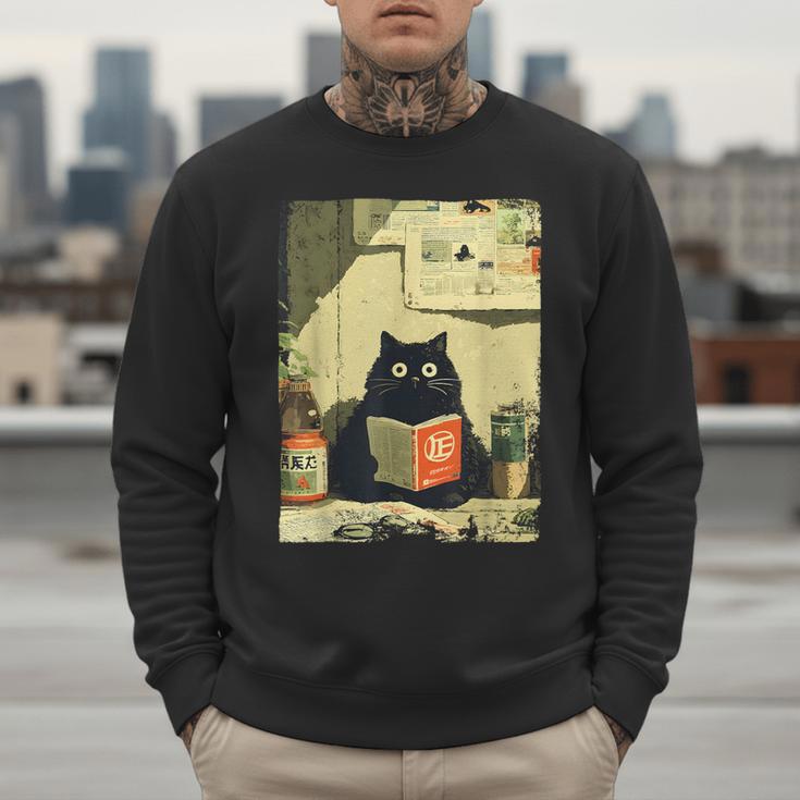Vintage Japanese Cat Book Lovers Librarian Cat Dad Teacher Men Sweatshirt