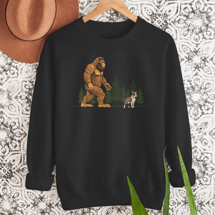 Boston Terrier Bigfoot Dog Walking Dog Mom Dad Kids Men Sweatshirt