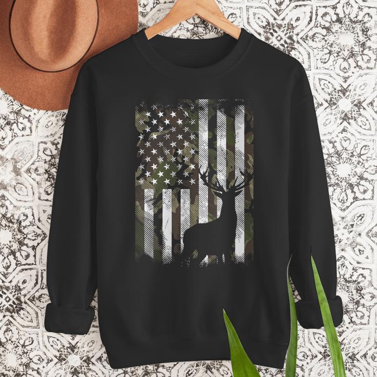 Camo US Flag Deer Elk Buck Camoflage Hunting Hunter Dad Short Sleeve Men Sweatshirt