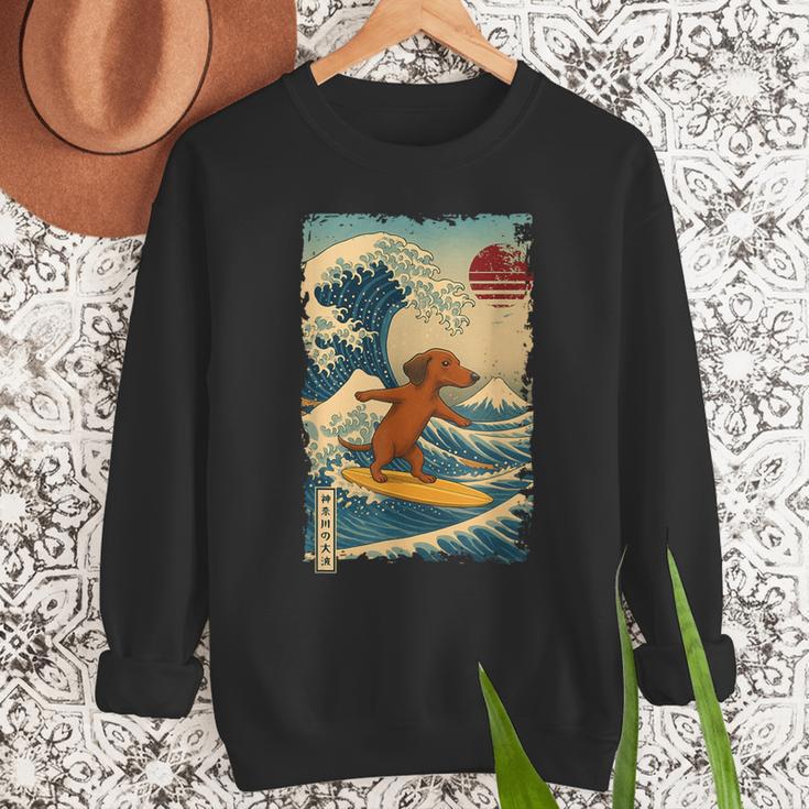 Dachshund Doxie Japanese Kanagawa Wave Surfing Japan Mom Dad Men Sweatshirt