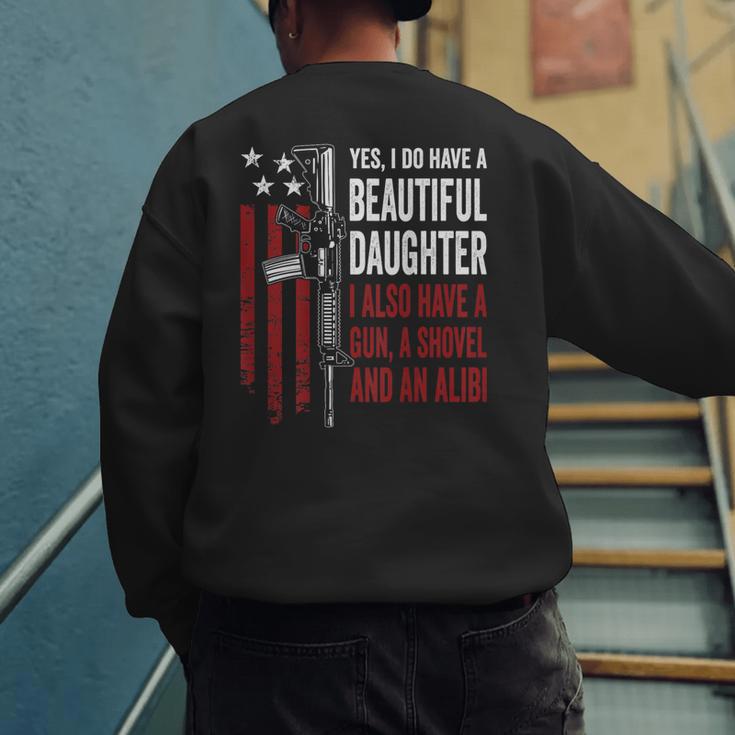 Daughter Gun Shovel Alibi Mom Dad Guns Joke -ON Back Men's Sweatshirt Back Print