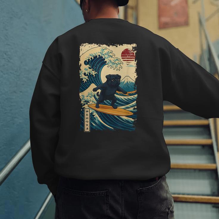 Pug Japanese Kanagawa Wave Surfing Japan Mom Dad Kids Men's Sweatshirt Back Print