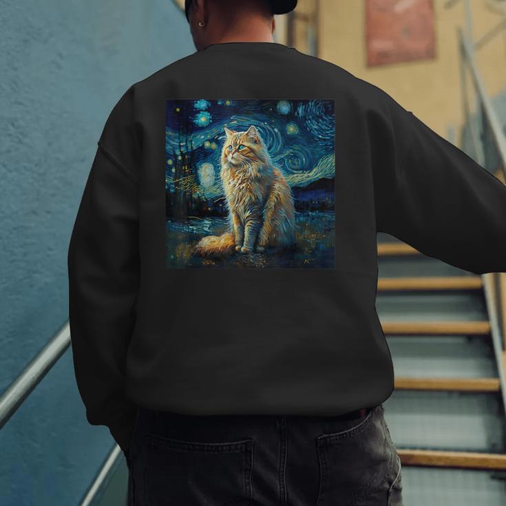 Van Gogh Starry Night Cat For Cat Lover Cat Mom And Cat Dad Men's Sweatshirt Back Print