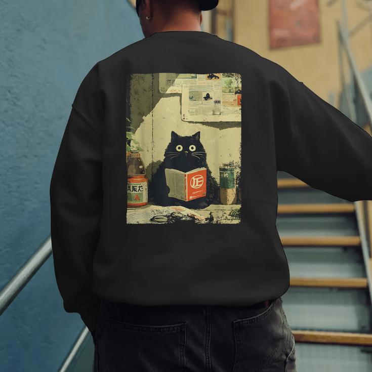 Vintage Japanese Cat Book Lovers Librarian Cat Dad Teacher Men's Sweatshirt Back Print