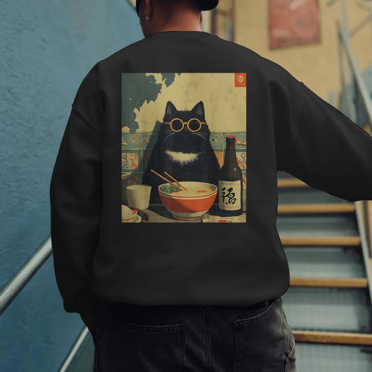 Vintage Japanese Cat Ramen Cat Dad Retro Graphic Women Men's Sweatshirt Back Print Vintage Japanese Cat Ramen Cat Dad Retro Graphic Women Men's Sweatshirt Back Print
