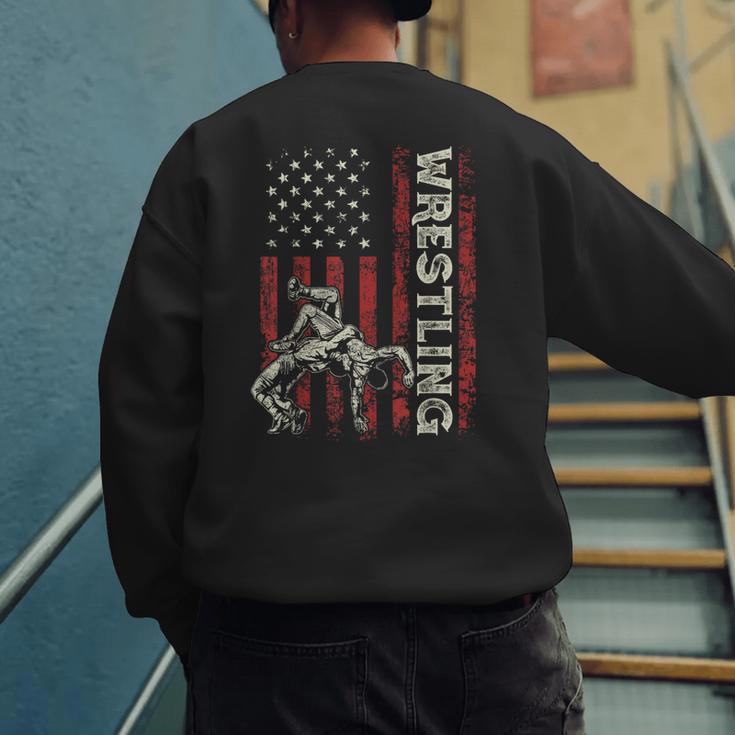 Wrestling US Flag Dad Wrestler Patriotic 4th Of July Men's Sweatshirt Back Print Wrestling US Flag Dad Wrestler Patriotic 4th Of July Men's Sweatshirt Back Print