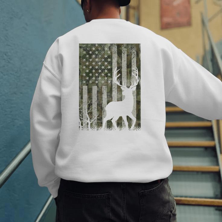 US Flag Deer Elk Buck Camoflage Hunting Hunter Dad Grandpa Men's Sweatshirt Back Print