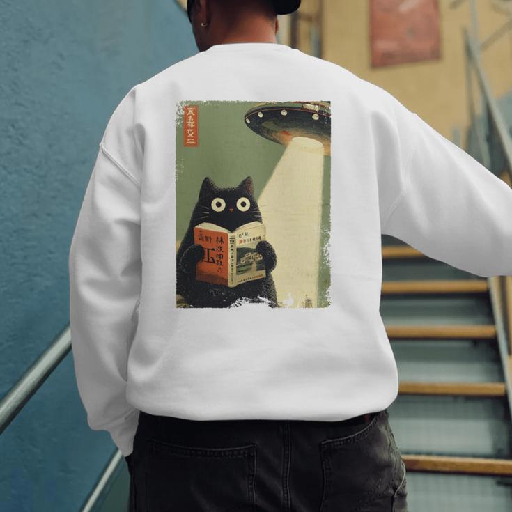 Vintage Japanese Cat Book Lovers UFO Alien Abduction Cat Dad Men's Sweatshirt Back Print