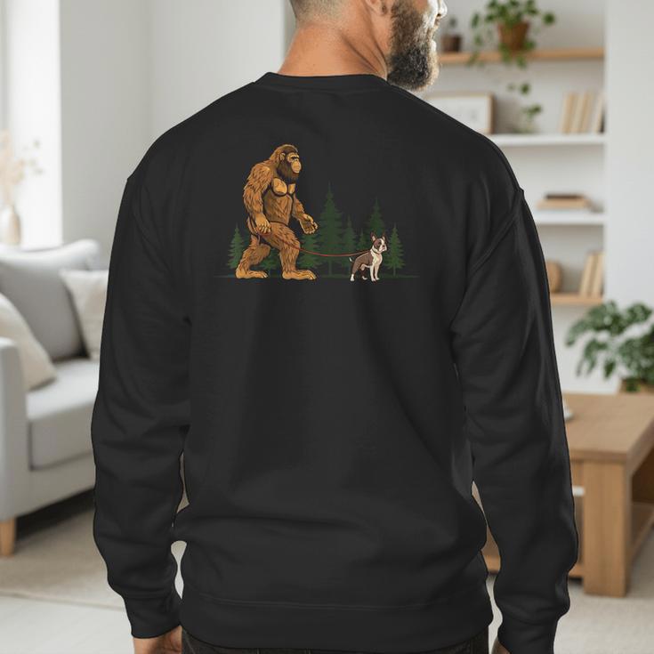 Boston Terrier Bigfoot Dog Walking Dog Mom Dad Kids Men's Sweatshirt Back Print