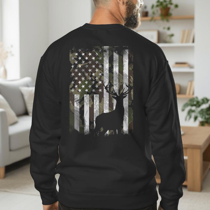 Camo US Flag Deer Elk Buck Camoflage Hunting Hunter Dad Short Sleeve Men's Sweatshirt Back Print
