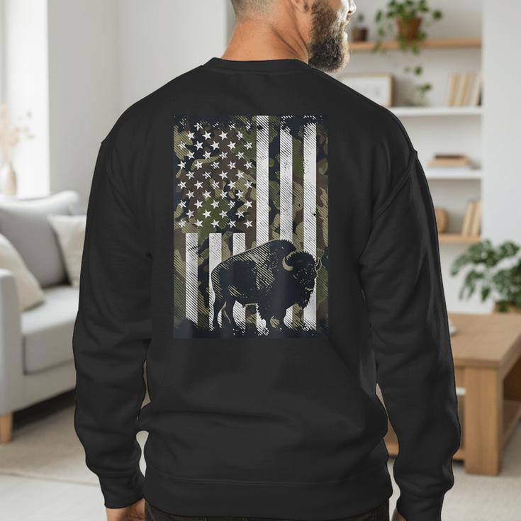 Camo USA Flag Bison Camouflage Hunting Wildlife Hunter Dad Men's Sweatshirt Back Print