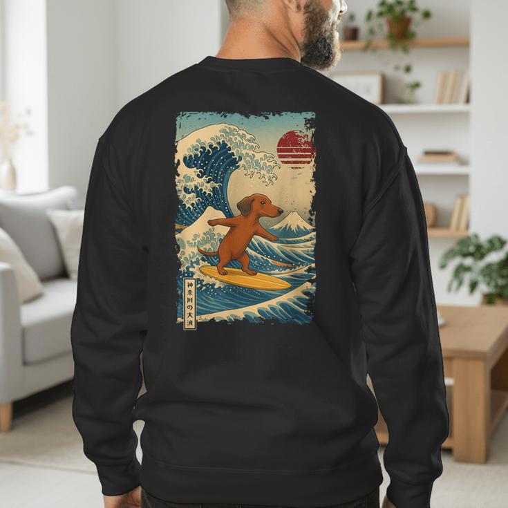 Dachshund Doxie Japanese Kanagawa Wave Surfing Japan Mom Dad Men's Sweatshirt Back Print