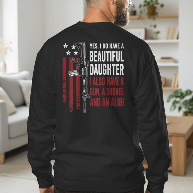 Daughter Gun Shovel Alibi Mom Dad Guns Joke -ON Back Men's Sweatshirt Back Print