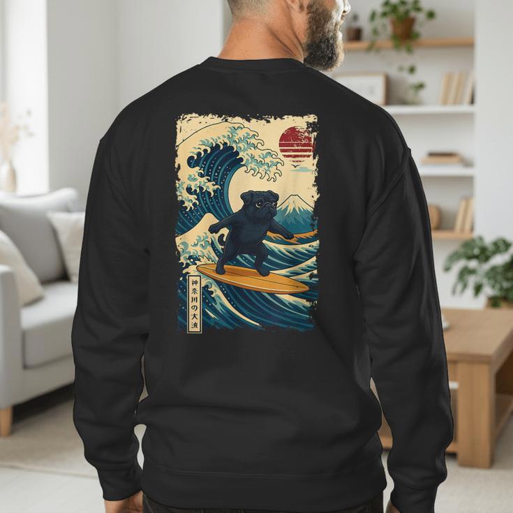 Pug Japanese Kanagawa Wave Surfing Japan Mom Dad Kids Men's Sweatshirt Back Print