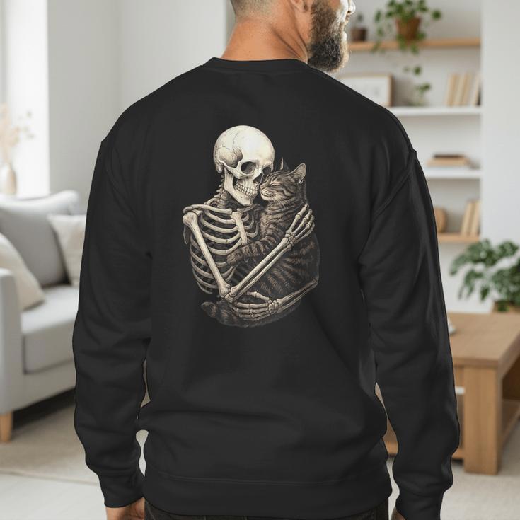 Skeleton Hugging Cat Halloween Cat Lover Cat Mom Dad Men's Sweatshirt Back Print