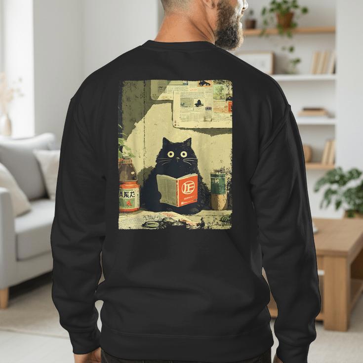 Vintage Japanese Cat Book Lovers Librarian Cat Dad Teacher Men's Sweatshirt Back Print
