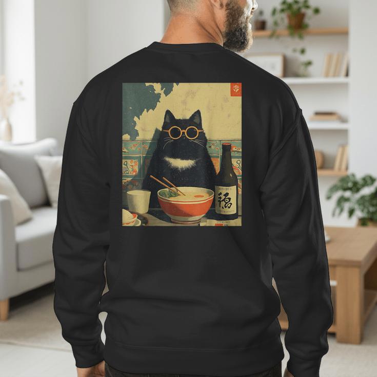 Vintage Japanese Cat Ramen Cat Dad Retro Graphic Women Men's Sweatshirt Back Print Vintage Japanese Cat Ramen Cat Dad Retro Graphic Women Men's Sweatshirt Back Print