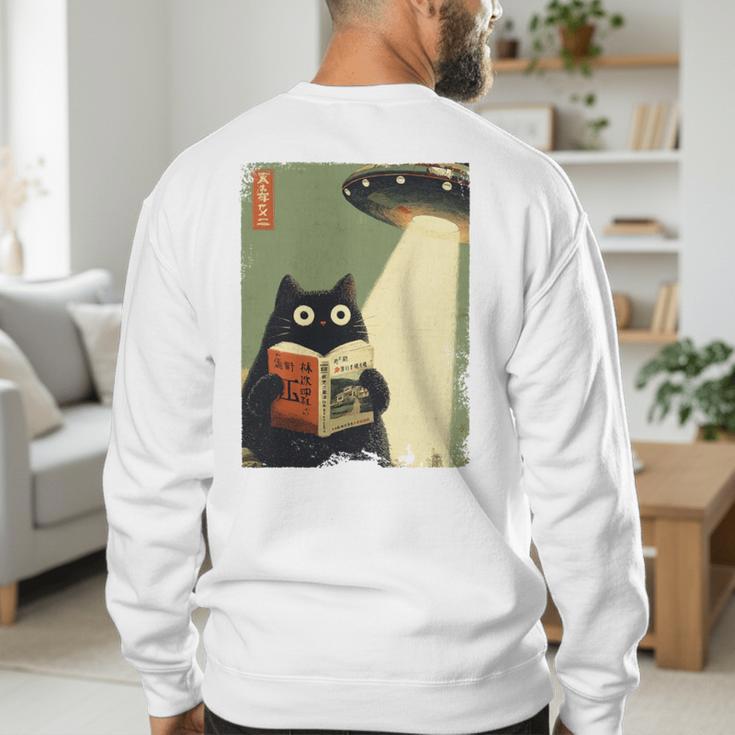 Vintage Japanese Cat Book Lovers UFO Alien Abduction Cat Dad Men's Sweatshirt Back Print