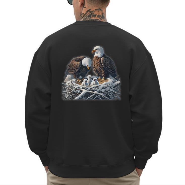 Bald Eagle Dad Mom Three Eaglet Chicks Babies In The Nest Men's Sweatshirt Back Print
