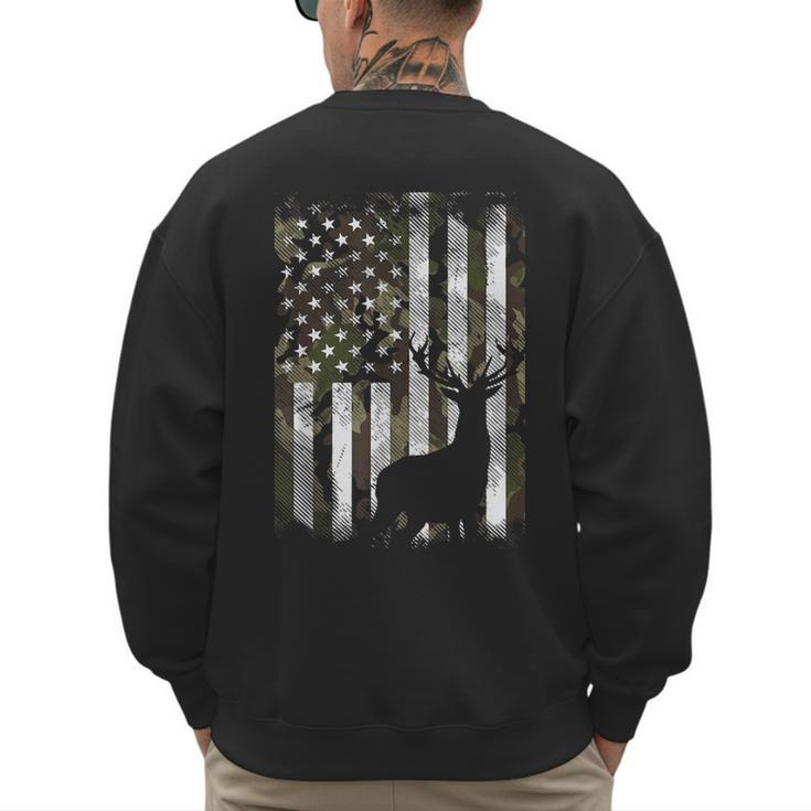 Camo US Flag Deer Elk Buck Camoflage Hunting Hunter Dad Short Sleeve Men's Sweatshirt Back Print