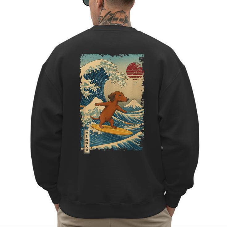 Dachshund Doxie Japanese Kanagawa Wave Surfing Japan Mom Dad Men's Sweatshirt Back Print