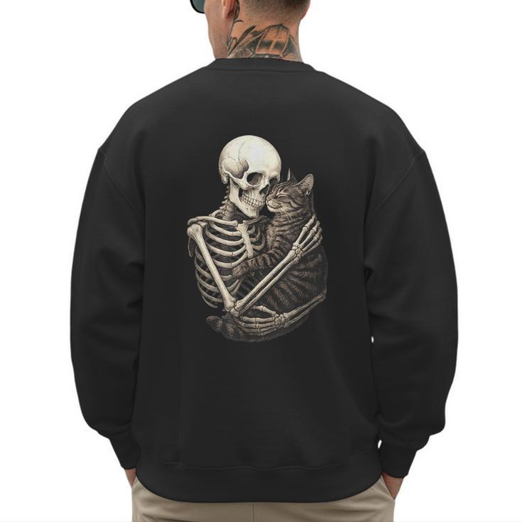 Skeleton Hugging Cat Halloween Cat Lover Cat Mom Dad Men's Sweatshirt Back Print