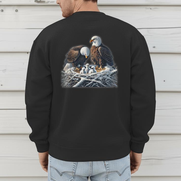 Bald Eagle Dad Mom Three Eaglet Chicks Babies In The Nest Men's Sweatshirt Back Print