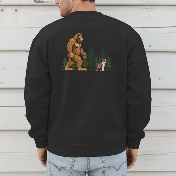 Boston Terrier Bigfoot Dog Walking Dog Mom Dad Kids Men's Sweatshirt Back Print