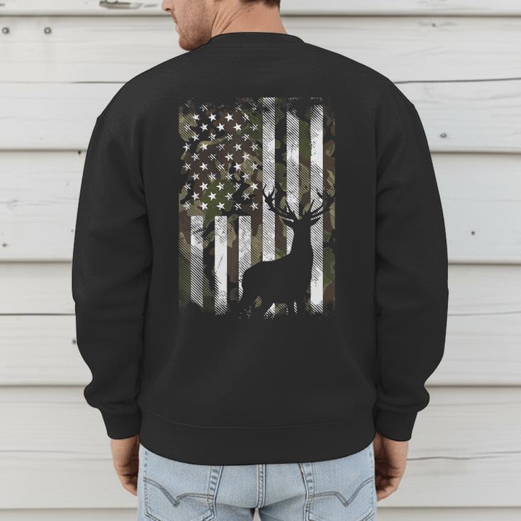Camo US Flag Deer Elk Buck Camoflage Hunting Hunter Dad Short Sleeve Men's Sweatshirt Back Print