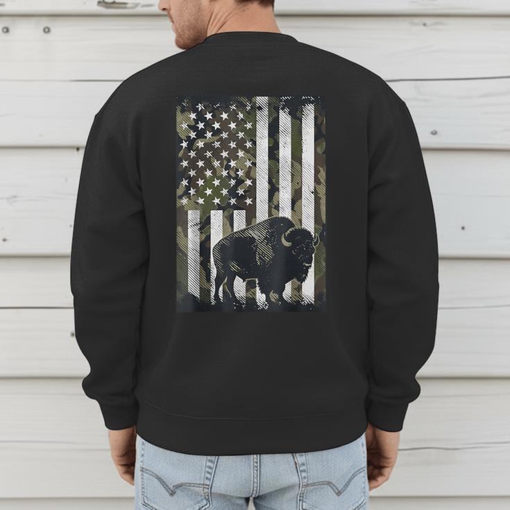 Camo USA Flag Bison Camouflage Hunting Wildlife Hunter Dad Men's Sweatshirt Back Print