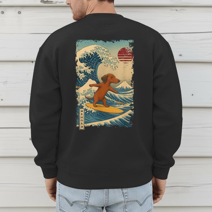 Dachshund Doxie Japanese Kanagawa Wave Surfing Japan Mom Dad Men's Sweatshirt Back Print