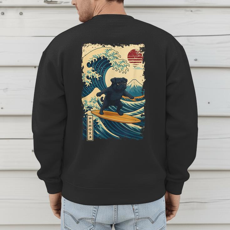 Pug Japanese Kanagawa Wave Surfing Japan Mom Dad Kids Men's Sweatshirt Back Print