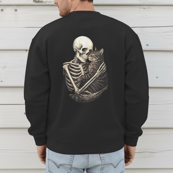Skeleton Hugging Cat Halloween Cat Lover Cat Mom Dad Men's Sweatshirt Back Print