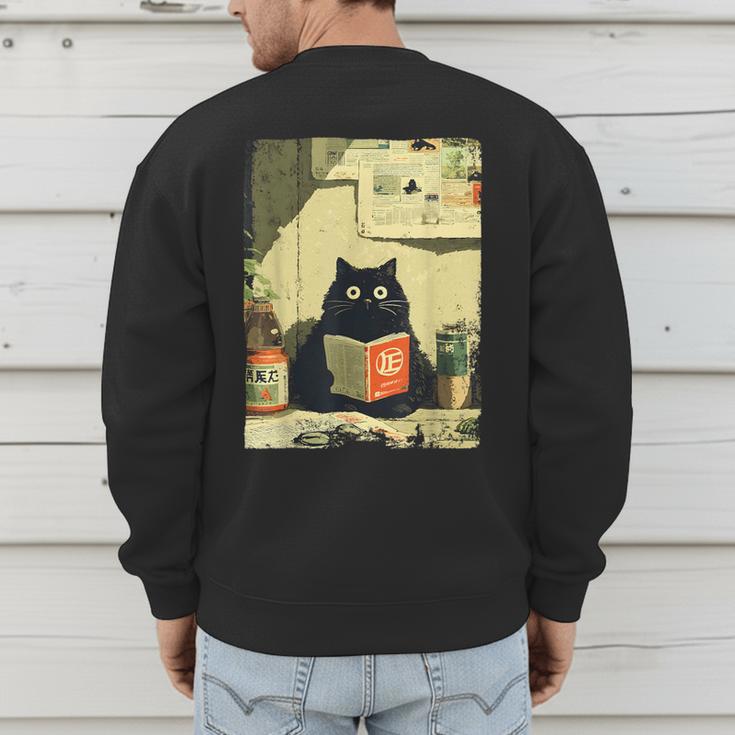 Vintage Japanese Cat Book Lovers Librarian Cat Dad Teacher Men's Sweatshirt Back Print
