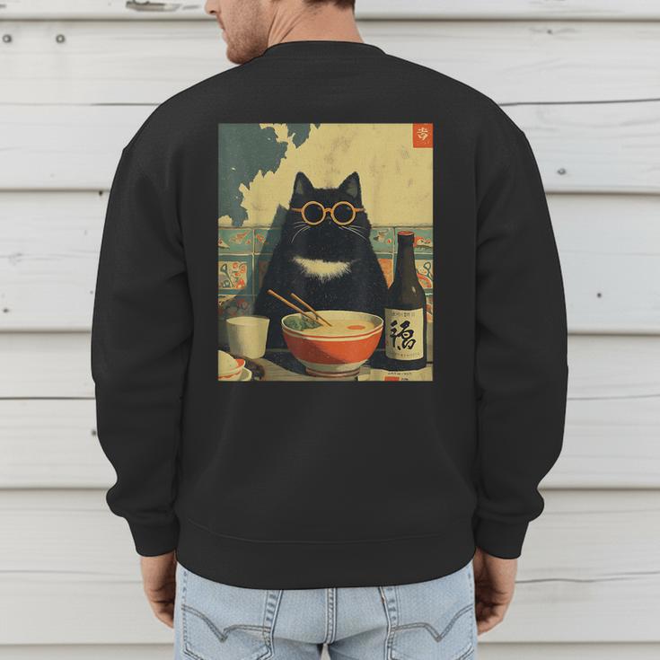 Vintage Japanese Cat Ramen Cat Dad Retro Graphic Women Men's Sweatshirt Back Print Vintage Japanese Cat Ramen Cat Dad Retro Graphic Women Men's Sweatshirt Back Print