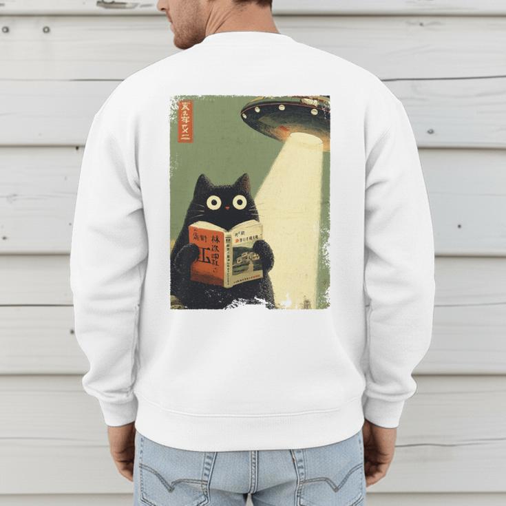 Vintage Japanese Cat Book Lovers UFO Alien Abduction Cat Dad Men's Sweatshirt Back Print