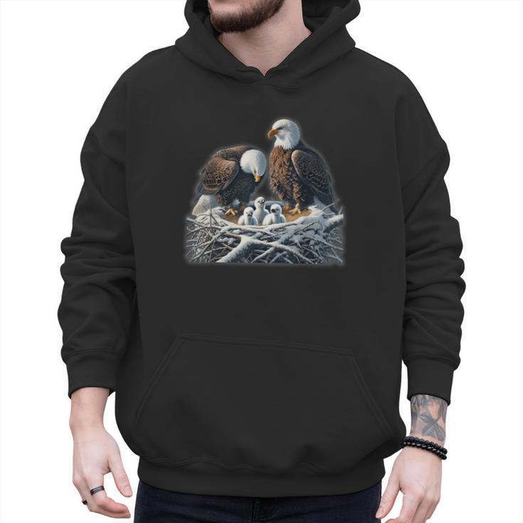 Bald Eagle Dad Mom Three Eaglet Chicks Babies In The Nest Men Hoodie