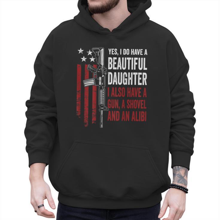 Daughter Gun Shovel Alibi Mom Dad Guns Joke -ON Back Men Hoodie