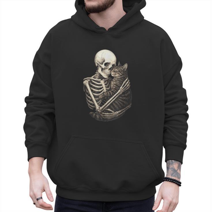 Skeleton Hugging Cat Halloween Cat Lover Cat Mom Dad Men Hoodie