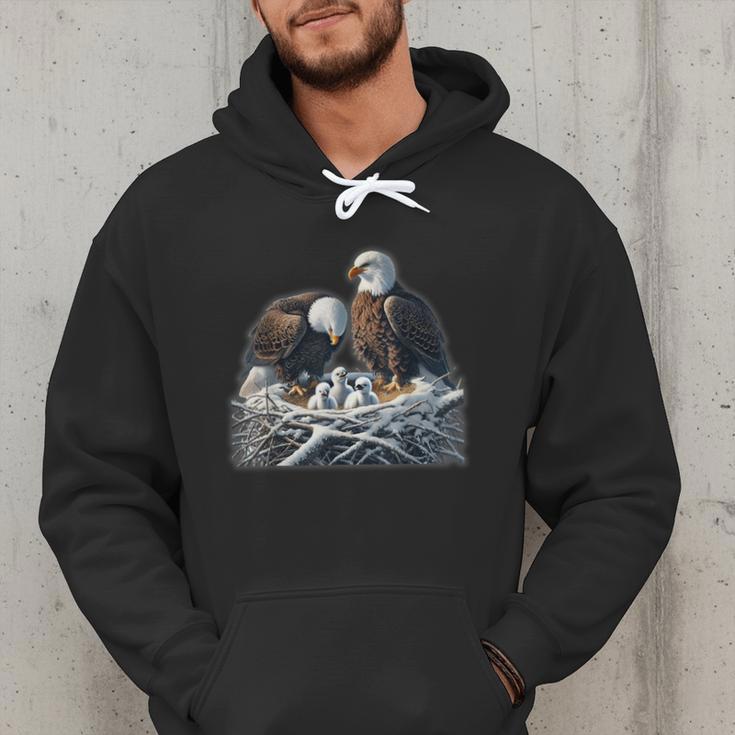 Bald Eagle Dad Mom Three Eaglet Chicks Babies In The Nest Men Hoodie