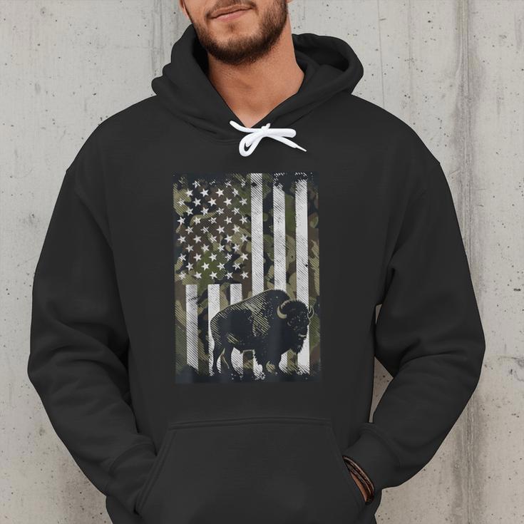 Camo USA Flag Bison Camouflage Hunting Wildlife Hunter Dad Men Hoodie