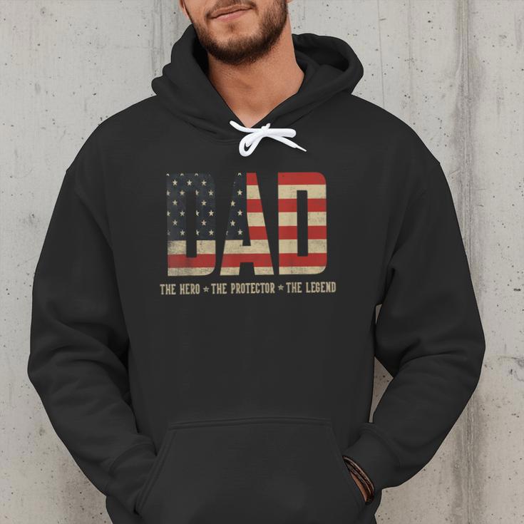 Dad Protector Hero Legend USA Flag Dad Father's Day Men Hoodie