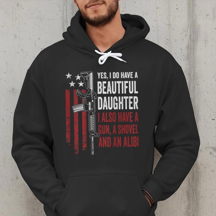 Daughter Gun Shovel Alibi Mom Dad Guns Joke -ON Back Men Hoodie