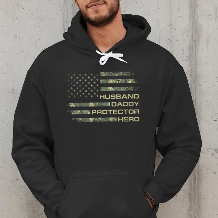 Husband Daddy Protector Hero Fathers Day Camo American Flag Men Hoodie