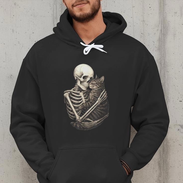 Skeleton Hugging Cat Halloween Cat Lover Cat Mom Dad Men Hoodie