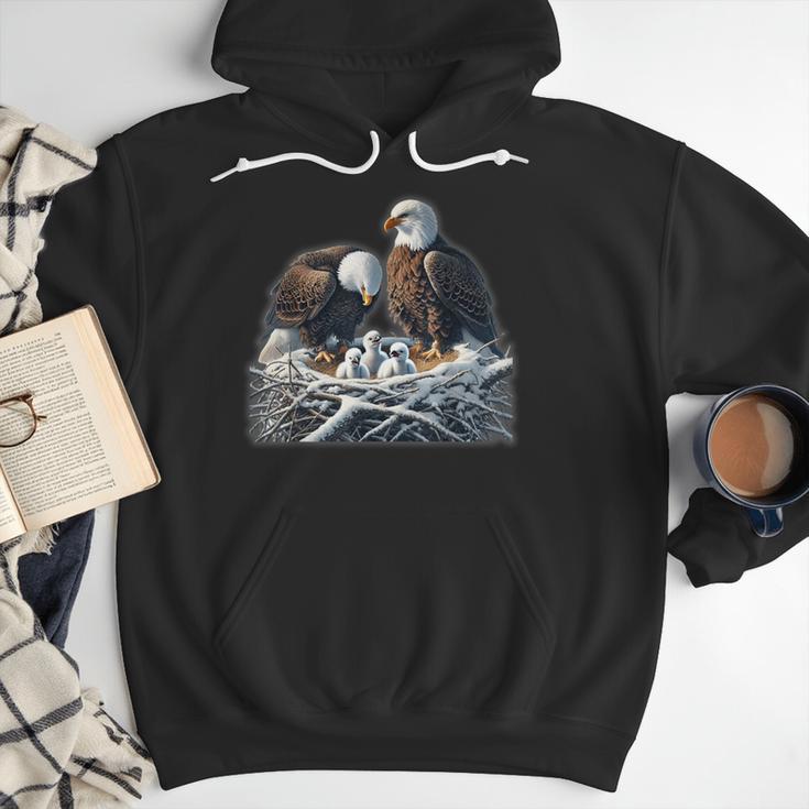 Bald Eagle Dad Mom Three Eaglet Chicks Babies In The Nest Men Hoodie